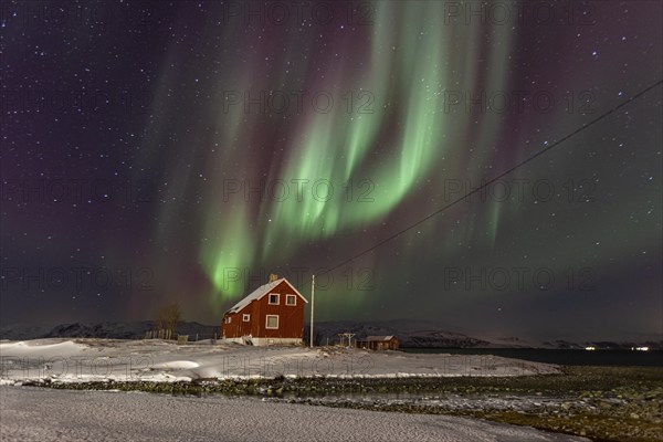 Green and violet northern lights over a red house on the coast, aurora borealis, winter, snow,