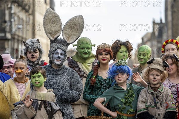 Group of actors, characters from Shrek, world's largest cultural festival The Fringe, High Street,