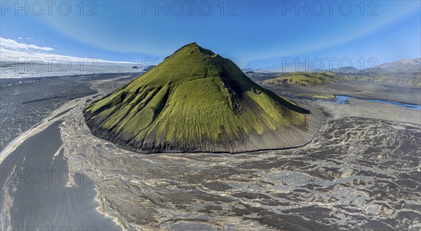 Aerial view, Mælifell mountain covered with moss, Maelifell, black sand desert Mælifellssandur,
