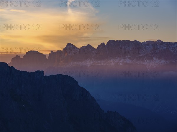 Sella Group in the first sunlight, Val Gardena, Dolomites, South Tyrol, Italy, Europe