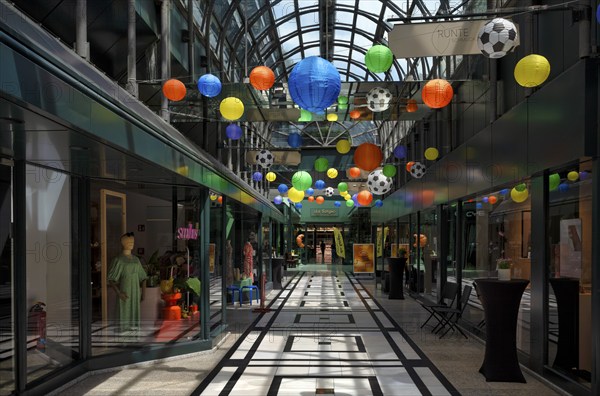 Calwer Passage, shopping arcade, shopping centre, decorated, roofed, lanterns, footballs,