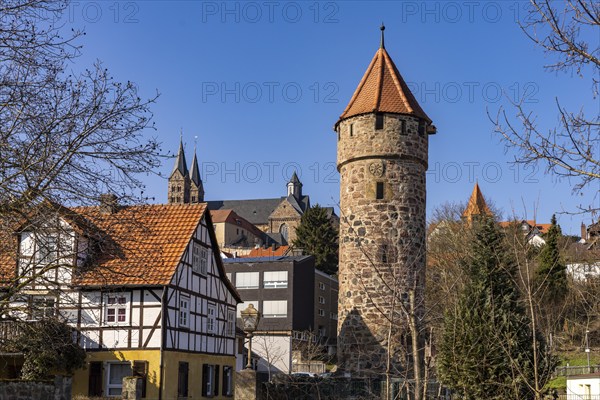 Town view with towers of the town wall and St Peter's Cathedral, Fritzlar, Schwalm-Eder district,