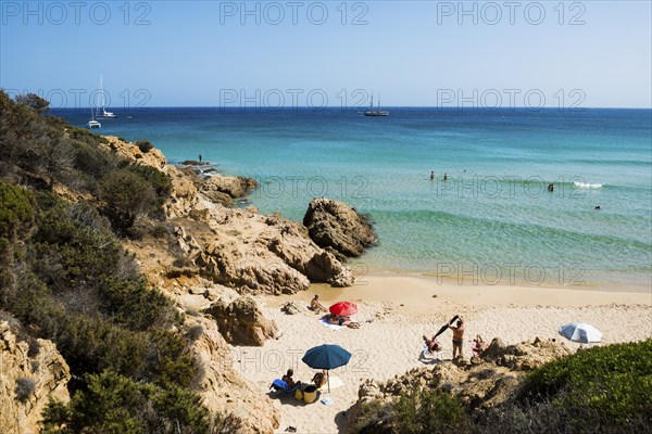 Sandy beach beach and blue sea, Cala del Morto, Torre di Chia, Chia, south coast, Sardinia, Italy,