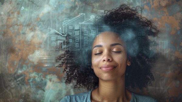 Smiling young african american woman daydreaming with her eyes closed visualizing A new house.