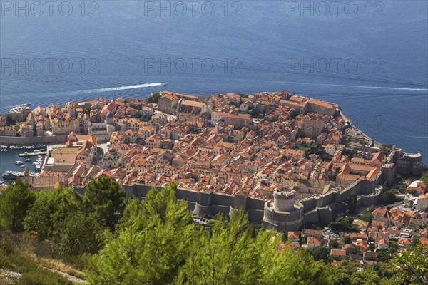 High angle view of old walled city of Dubrovnik with traditional terracotta clay tile rooftop
