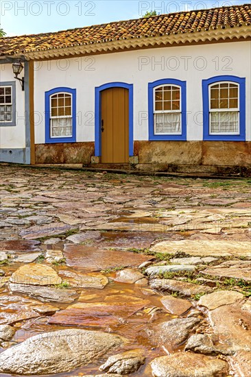 Cobblestone street and colonial architecture houses in the historic city of Tiradentes in Minas