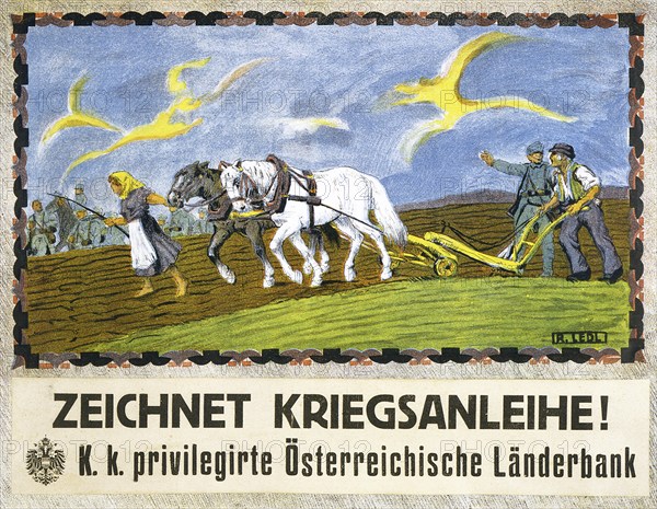 First World War 1914-1918: Farmer and his woman ploughing with two horses. A soldier talks to the