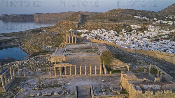 Drone shot, first morning light, Lindos, Acropolis of Lindos, Propylaea with flight of steps,