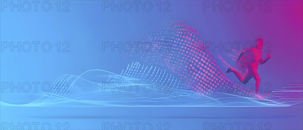 Illustration of a wave of vibrant data points shaping into a runner silhouette, conveying speed and