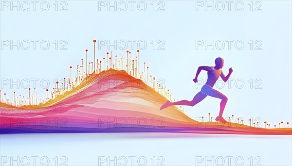 Illustration of a wave of vibrant data points shaping into a runner silhouette, conveying speed and