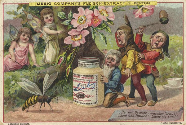 Picture series Elves and gnomes, help a dragon, dwarves hide from a wasp, Liebig picture, digitally