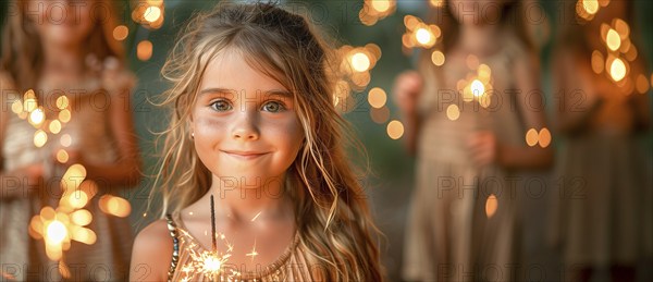 Cute children celebrating with fun sparklers. generative AI, AI generated