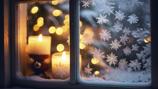 Snow-covered window with frost patterns, candlelight softly glowing through the glass, and warm,