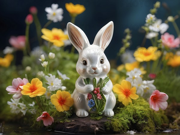 Vintage porcelain rabbit figurine surrounded by small, colorful spring flowers and soft moss, AI