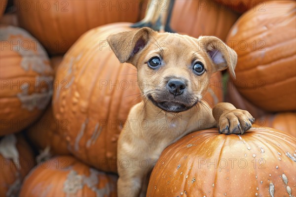 Close up of dog puppy between large orange pumpkins in pumpkin patch. Generative Ai, AI generated