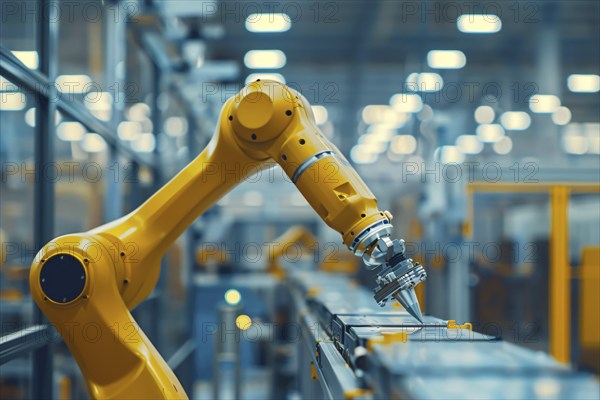 Yellow mechanical arms performing work at production line in factory. KI generiert, generiert, AI