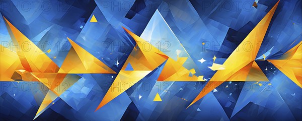 Illustration of abstract art composed of overlapping triangles in blue and yellow colors, AI