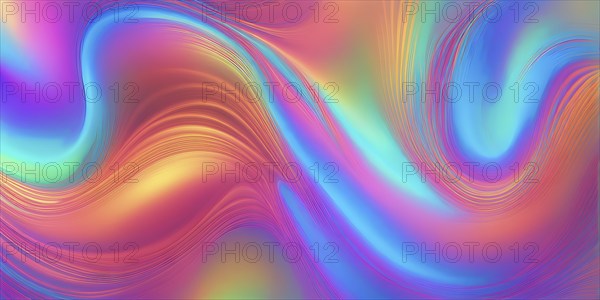 Abstract holographic background with swirling iridescent vibrant colors, AI generated