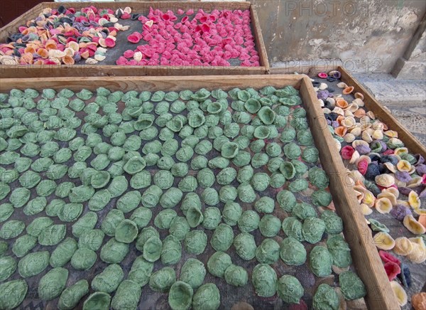 Colourful fresh pasta orecchiette for sale, Bari, Apulia, Southern Italy, Italy, Europe