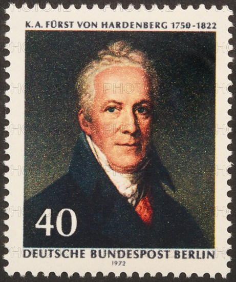 Karl August von Hardenberg (1750-1822), a Prussian statesman. Portrait on a German stamp