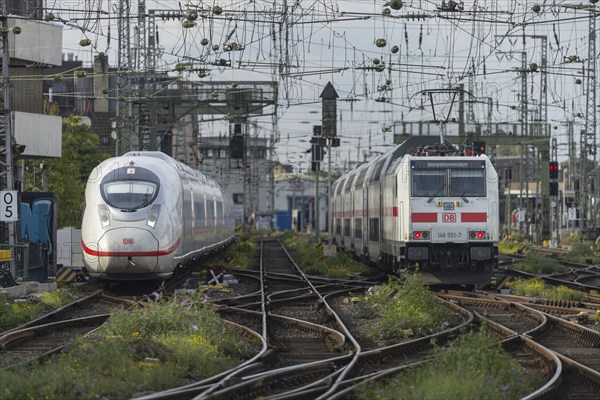 Arriving ICE and departing Intercity, track apron of Cologne Central Station, Cologne, North