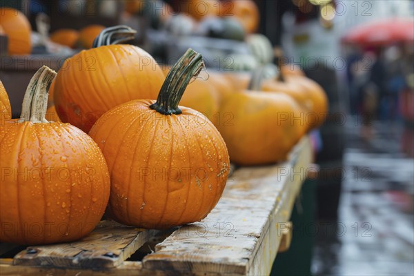 Many orange pumpkins on wooden racks at market. Generative Ai, AI generated