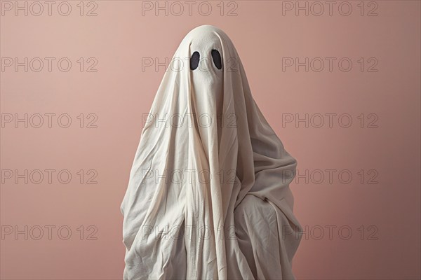 Person in simple Halloween Ghost costume made out of white blanket in front of pink background.