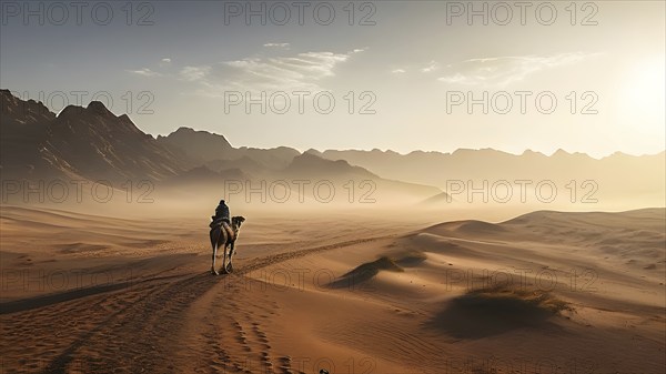 Lone camel rider traversing the rough gobi desert landscape, AI generated