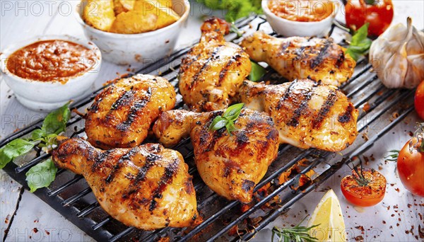 Food, dishes, many grilled chicken pieces on a grill, AI generated, AI generated