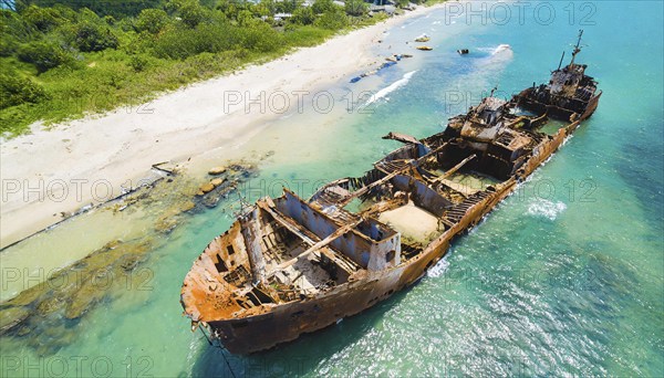A dilapidated, rusty shipwreck in clear turquoise water on a sunny day, symbol photo, AI generated,