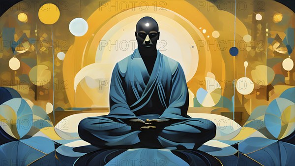 Abstract illustration of a tranquil figure in an asana yoga pose with fluid lines in soothing