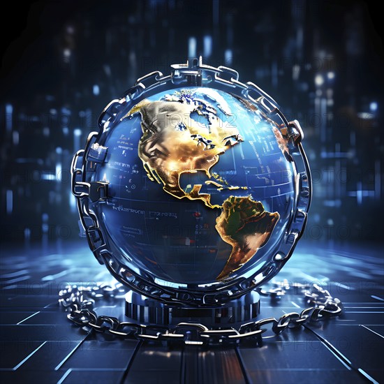 AI generated conceptual digital render showing a globe ensnared and locked by rusting steel chains