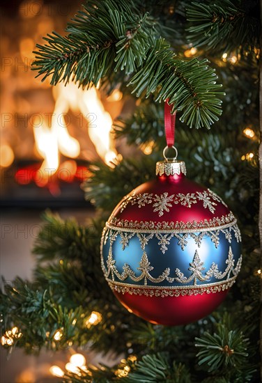 Christmas ornament hanging on a tree, with reflections of twinkling lights and fireplace flames