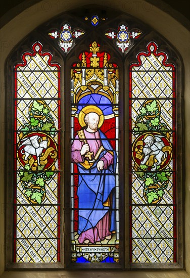 Stained glass window of Saint Peter by Thomas Willement 1848, Theberton church, Suffolk, England,