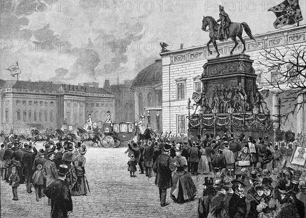 Departure of the court carriages after congratulating the Emperor on his 90th birthday, Wilhelm I,