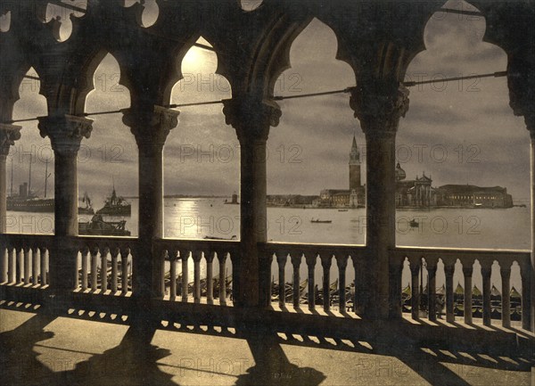 San Georgio from Doges' Palace by moonlight, Venice, Italy, Historic, digitally restored