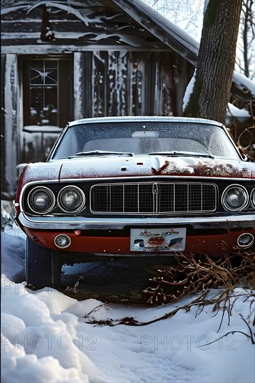 Classic 1960s muscle car, half-buried in snow in a forgotten backyard creating a sense of nostalgia