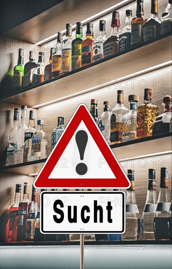 Symbolic image, warning sign for alcohol addiction, danger of addiction, alcohol abuse, health