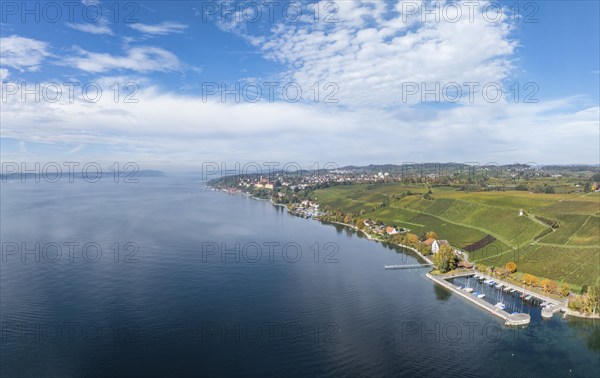 Aerial view of the marina and jetty at the historic Rebgut Haltnau with catering business, outdoor