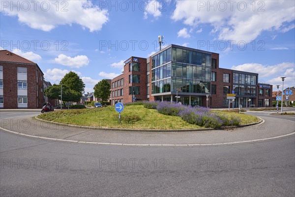 Roundabout with main branch Haltern of Volksbank Westmünsterland eG in Haltern am See, Ruhr area,