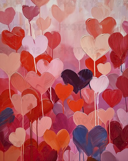 A vibrant abstract painting featuring various shades of red and pink hearts against a soft textured