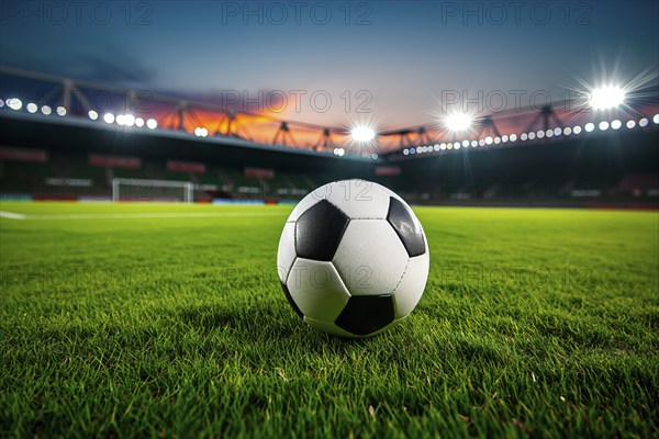 A soccer ball on a green field in soccer football stadium in evening with floodlights lights, AI