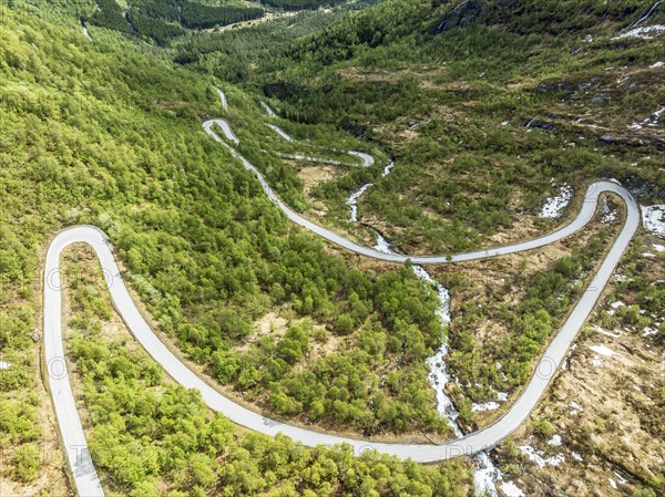 Serpentines of the Gaularfjell mountain crossing, aerial view, national tourist route north of
