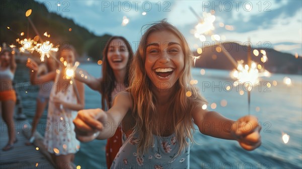 Young adults having fun with sparklers at the lake. generative AI, AI generated