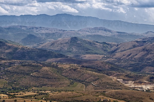 Mountain and hilly landscape around the village of Castel del Monte in the Gran Sasso National