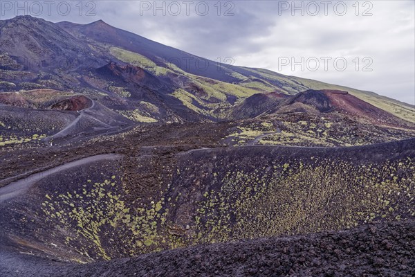 Lava rock and crater landscape around the Crateri Silvestri in the Etna National Park, Parco