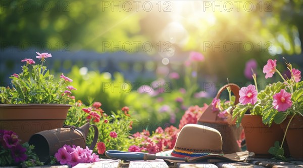 Home gardening equipment near beautiful lawn in the house garden with tools and fertilizers, AI