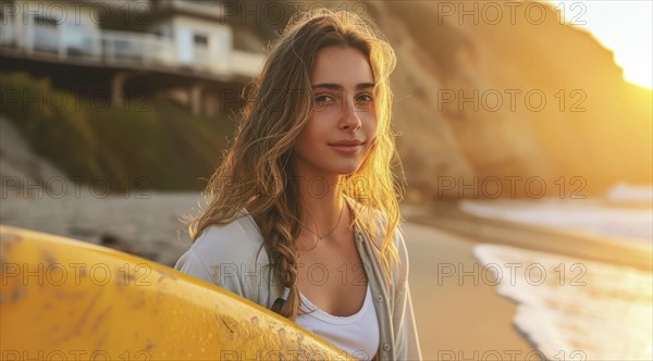 Fit and handsome female surfer holding a surfboard on ocean shore. Vacation and travel lifestyle,