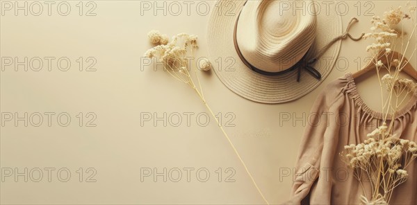 Stylish fashion vacation accessories in flat lay for vacation on beach in warm countries, AI