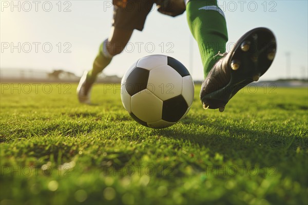 A soccer player kicks a ball on a football stadium field during game, AI generated